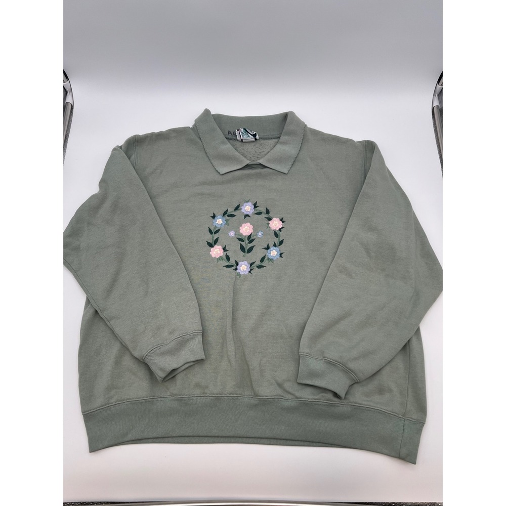 Vtg Grandmacore Sweatshirt 2X Green Floral Embroidered Scalloped Collared Cozy